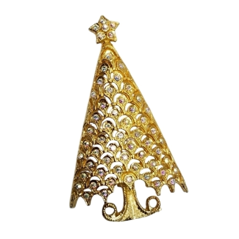 Vtg NYLU Christmas Tree Pin Brooch Rhinestones Aurora Borealis Large Goldtone
